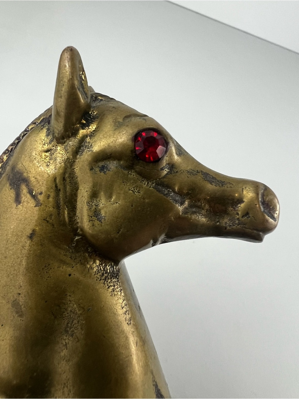 Vintage Solid Brass Horse Statue Red Rhinestone Eyes Mid Century Decor - Picture 6 of 13